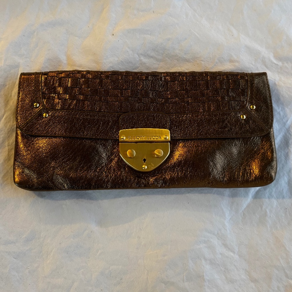 Elliott Luca -Authentic Leather Metallic Bronze Clutch With Gold Hardware